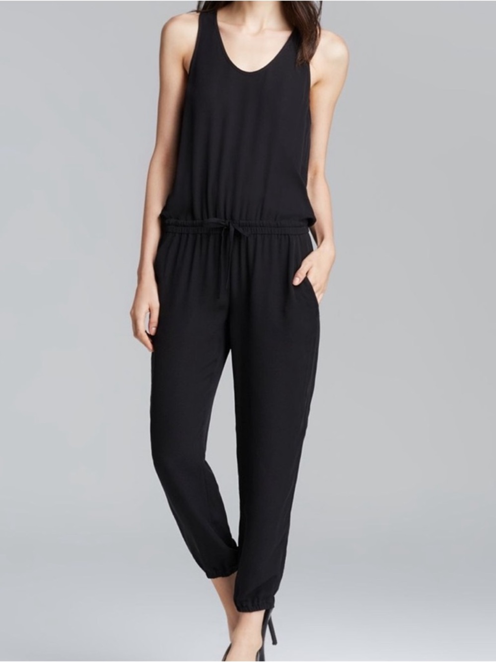 Theory Lortan 100% Silk Black Jumpsuit Jogger Cinch Waist Large